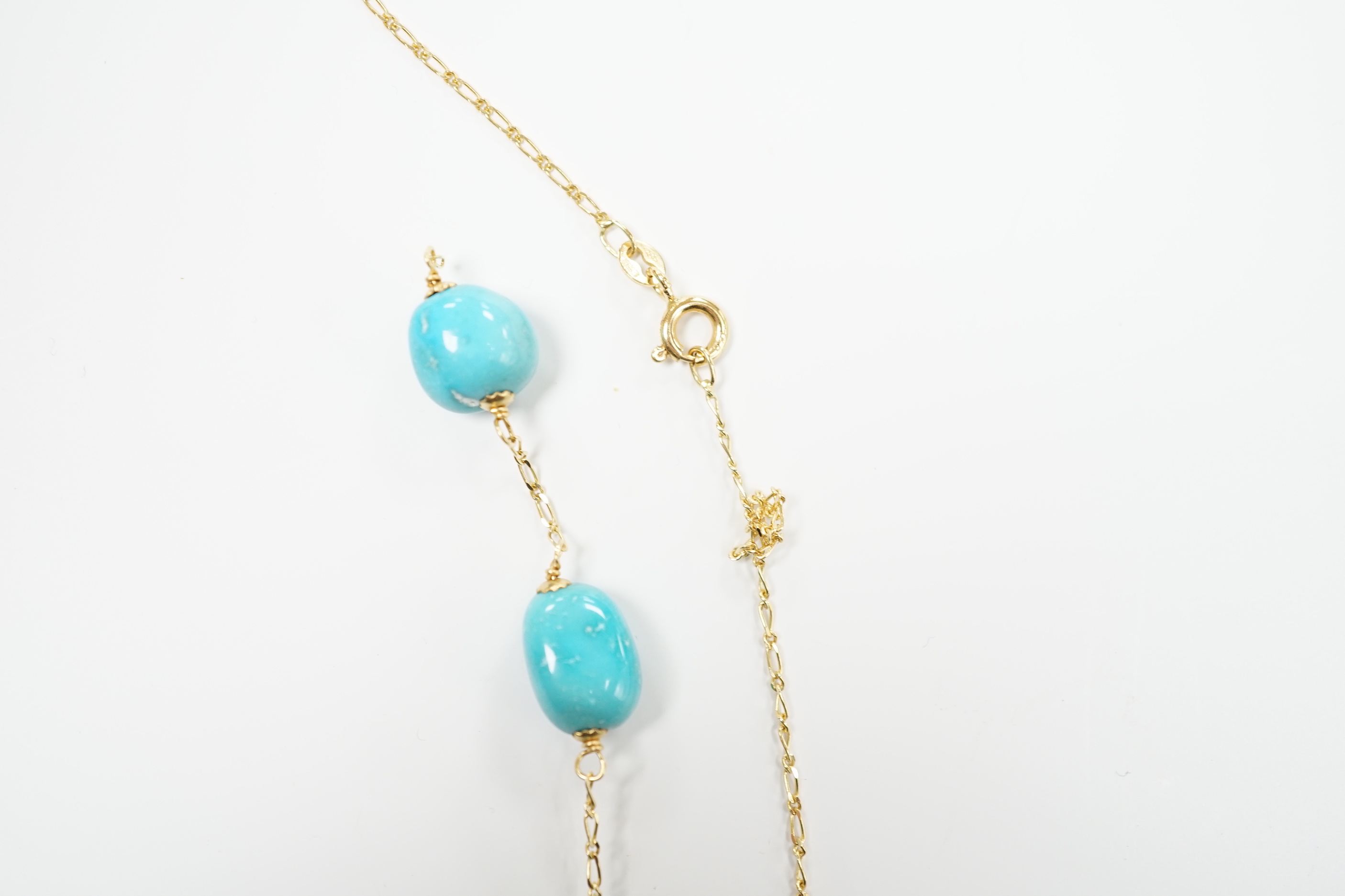 A modern Italian 750 and turquoise set drop necklace (a.f.), 54cm and a matching bracelet, gross weight 24.6 grams.